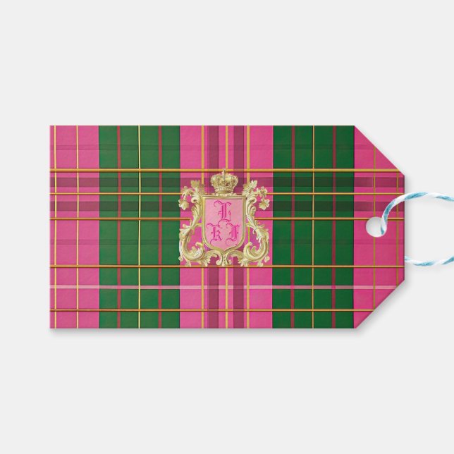 Elegant rosa och grön rutig monogram presentetikett (Framsidan (Horisontell))