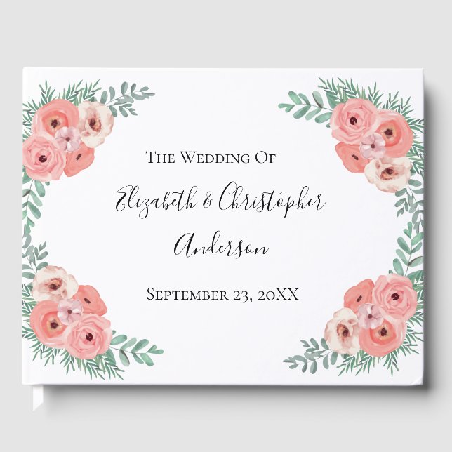 Elegant Rosa och Grönt Blommigt Vattenfärg Bröllop Gästböcker (Framsida)