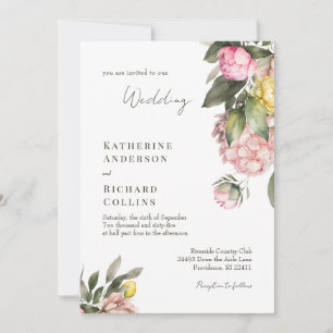Elegant Rosa och Gula Peonies Bröllop Inbjudningar