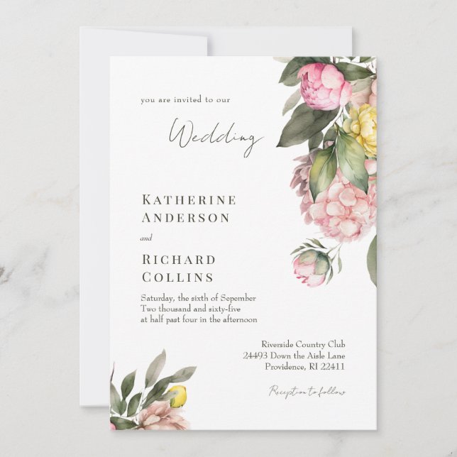 Elegant Rosa och Gula Peonies Bröllop Inbjudningar (Framsida)