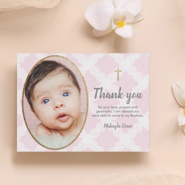 Elegant rosa och guld babyflicka foto dop vykort (Baby photo Baptism thank you pink and white gold cross postcard.)