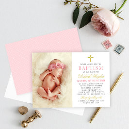 Elegant Rosa och Guld Bebis Flickas Foto Dop Inbjudningar