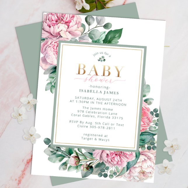 Elegant Rosa och Guld Blommigt Baby Shower Invi Inbjudningar (Floral Pink Baby Shower & Greenery Invite )