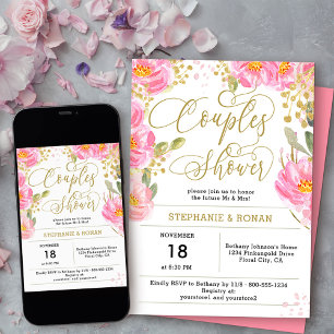Elegant Rosa och Guld Blommigt Par Shower Inbjudningar