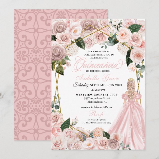 Elegant  Rosa och Guld Blommigt Quinceanera Inv. Inbjudningar (Fram/baksida)