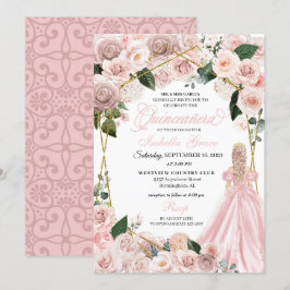 Elegant  Rosa och Guld Blommigt Quinceanera Inv. Inbjudningar