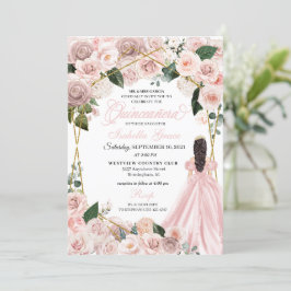 Elegant  Rosa och Guld Blommigt Quinceanera Inv. Inbjudningar