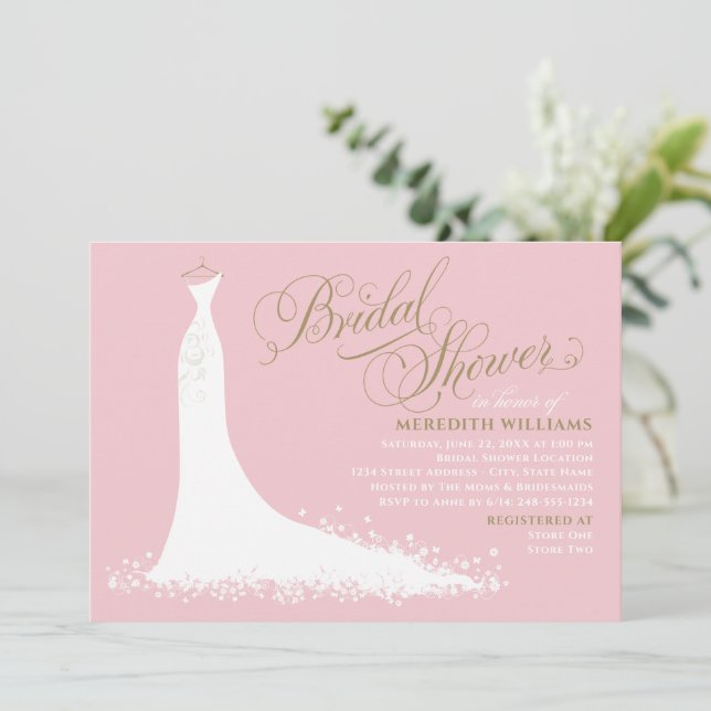 Elegant Rosa och Guld Bröllop Gown Möhippa Inbjudningar (Stående Fram)