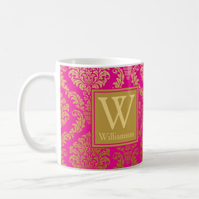 Elegant rosa och guld damask personlig kaffemugg (Vänster)