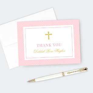 Elegant Rosa och Guld First Girl Communion Tack Kort