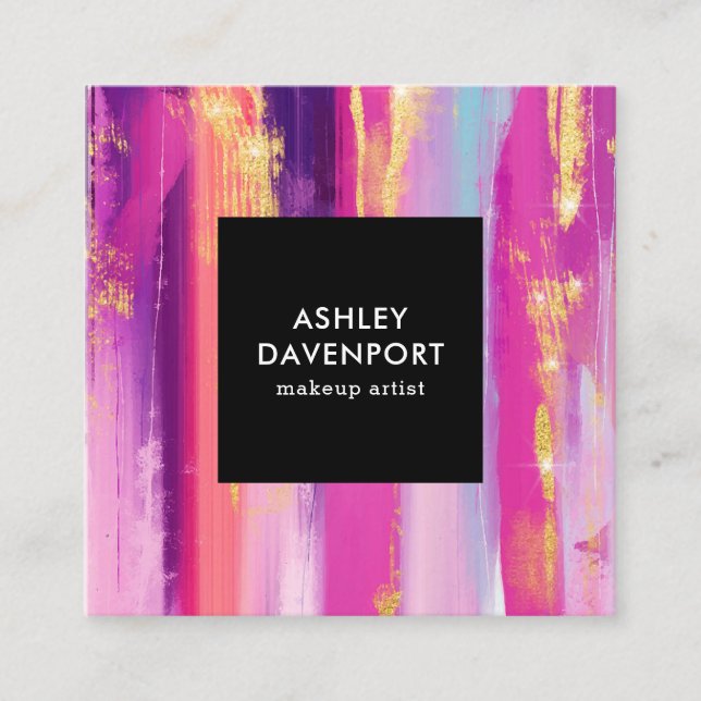 Elegant rosa och guld glitter penselmakare fyrkantigt visitkort (Framsida)