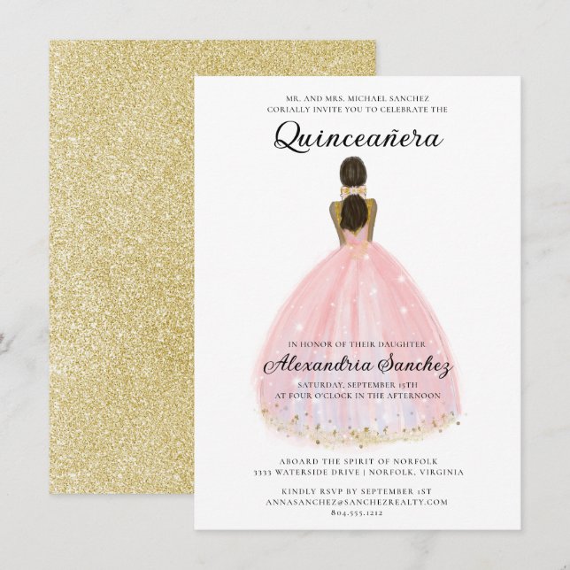 Elegant  Rosa och Guld Glitter Quinceanera Inbjudningar (Fram/baksida)