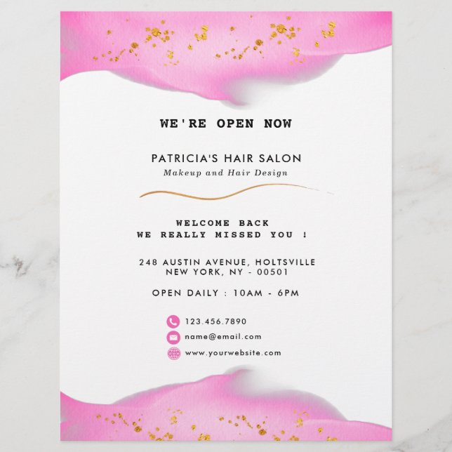 Elegant  Rosa och Guld Glitter Reklamblad (Framsidan)