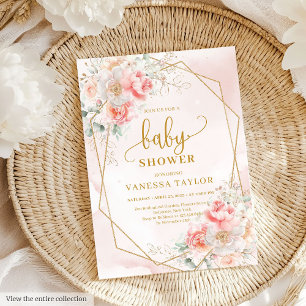 Elegant rosa och guld inbjudan till baby shower fö