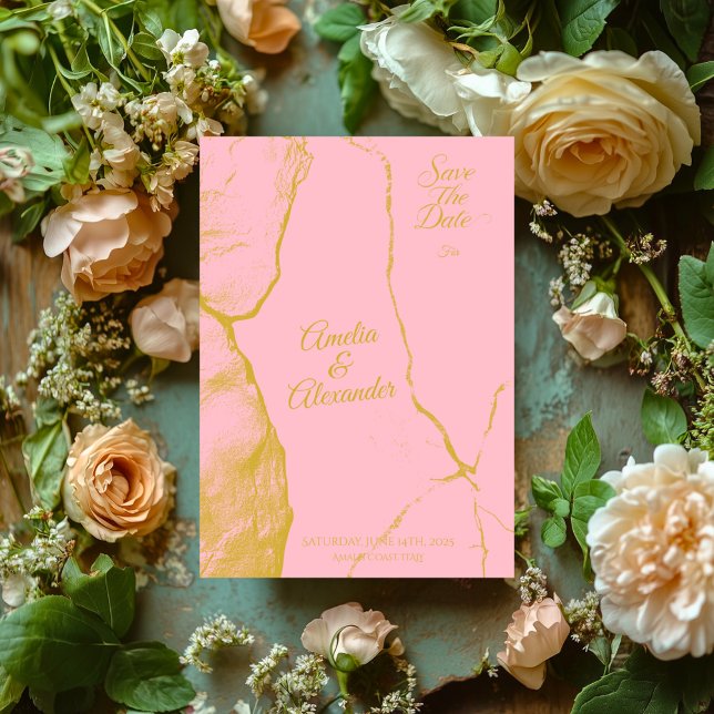 Elegant Rosa och Guld Marmor "Save the Date" Inbjudningar (Skapare uppladdad)