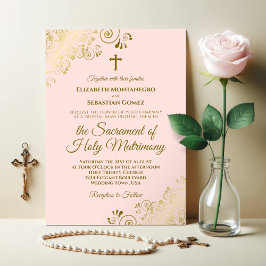 Elegant  Rosa och Guld Modern katolska Bröllop Inbjudningar