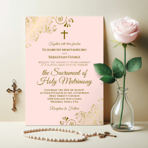 Elegant Rosa och Guld Modern katolska Bröllop Inbjudningar