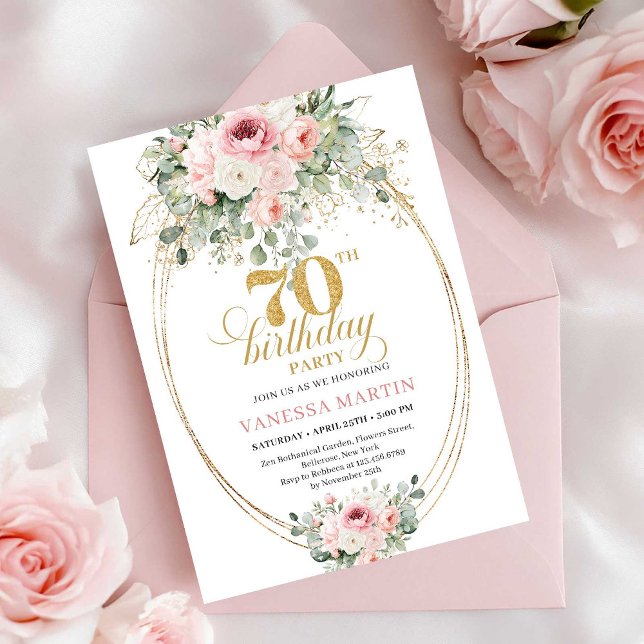 Elegant Rosa och Guld Utskrivbar 70-års Födelsedag Inbjudningar (Chic Blush and Gold Printable 70th Birthday Invitation)