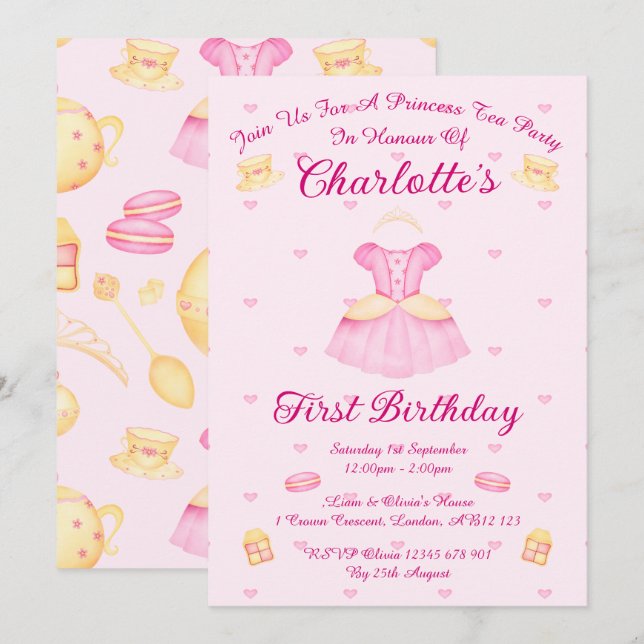 Elegant rosa och guld vattenfärg prinsess Teaspart Inbjudningar (Fram/baksida)