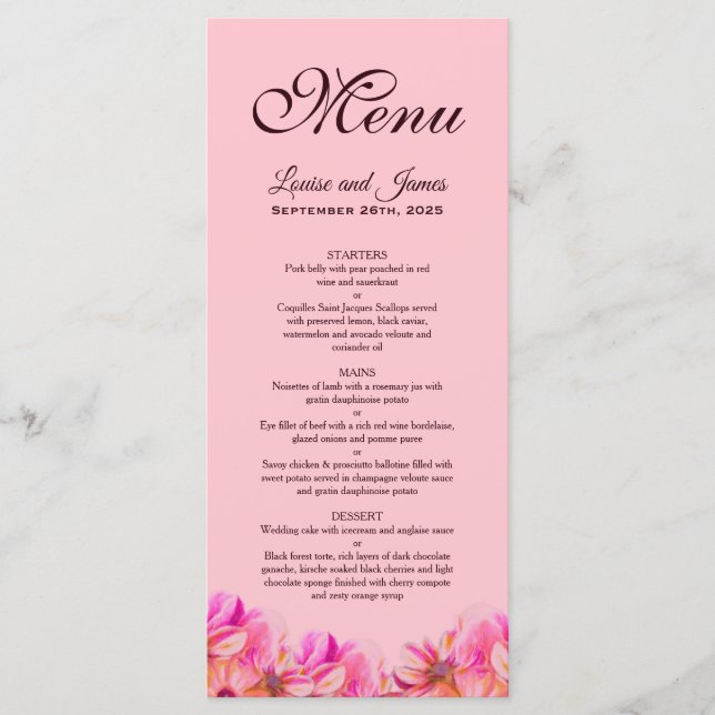 Elegant Rosa och Gult Blommigt Bröllop Menu Meny (Framsida)