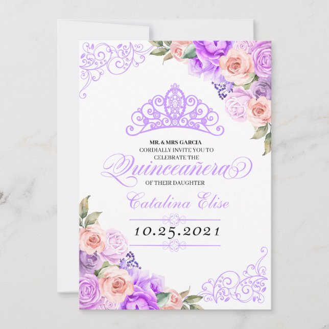Elegant Rosa och Lila Blommigt Quinceanera Birthda Inbjudningar (Framsida)
