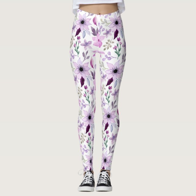 Elegant rosa och lila blommönster leggings (Framsida)