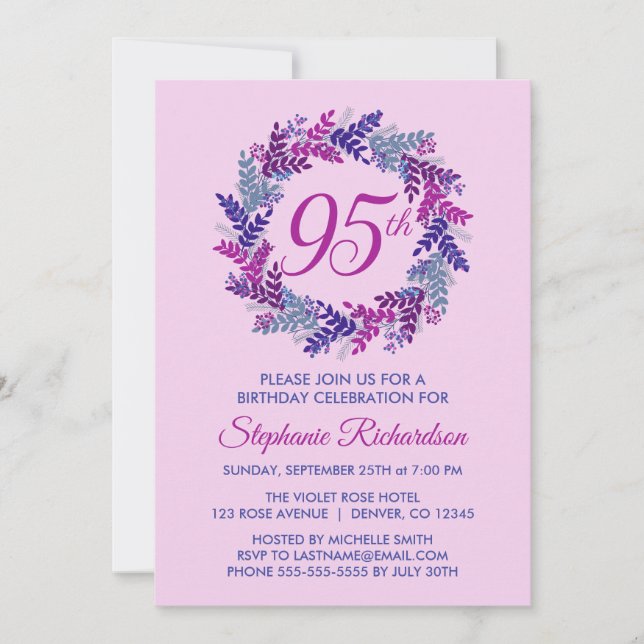 Elegant Rosa och Lila Utandning 95:e födelsedagen Inbjudningar (Framsida)