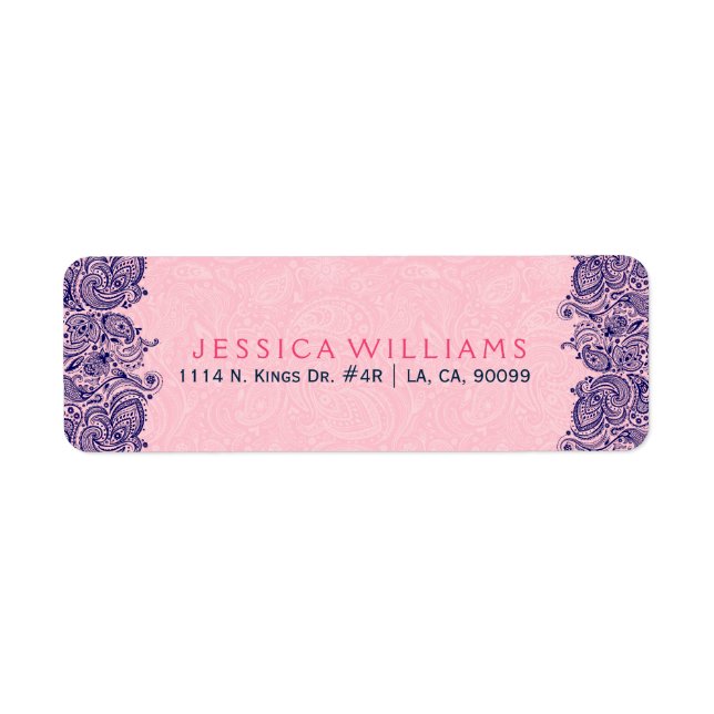 Elegant Rosa och marin blå Blommigt Paisley Snöre Returadress Etikett (Framsidan)