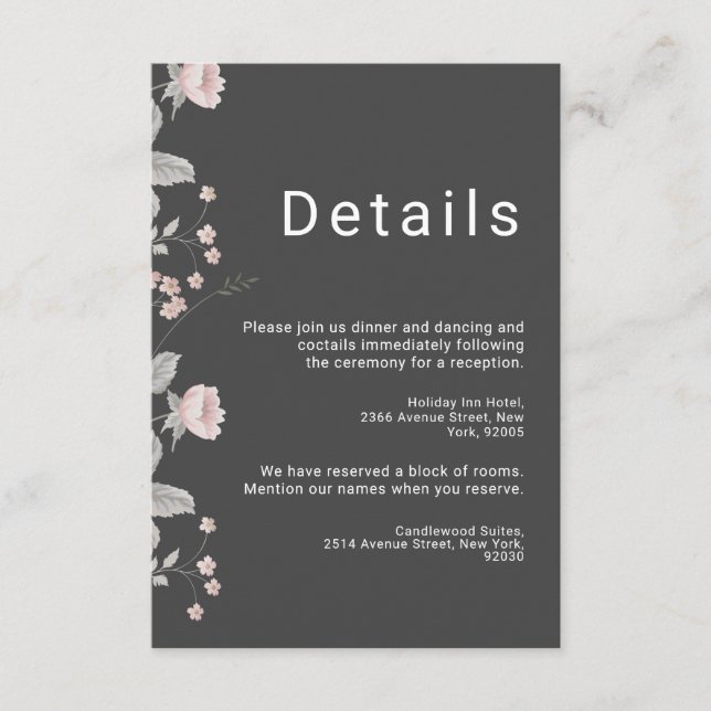 Elegant  Rosa och Mörk Grått Blommigt Bröllop Tilläggskort (Framsida)