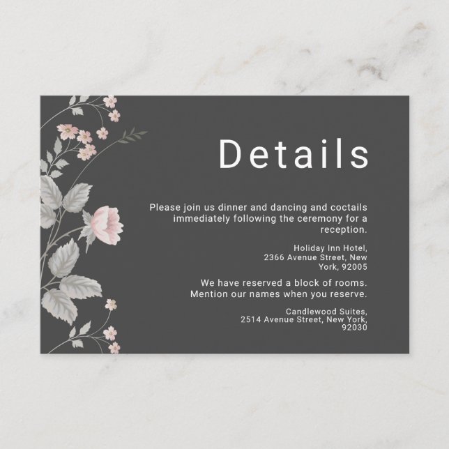 Elegant  Rosa och Mörk Grått Blommigt Bröllop Tilläggskort (Framsida)