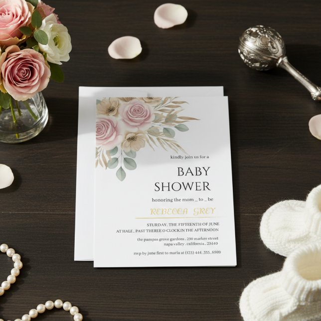Elegant Rosa och Neutral Blommig Bebis Shower  Inbjudningar (Skapare uppladdad)