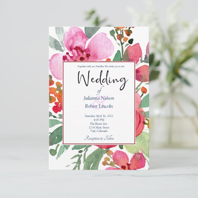 Elegant rosa och röd blomsterbröllopsinbjudan inbjudningar (Stående Fram)