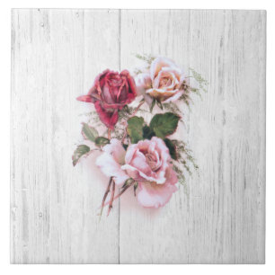 Elegant Rosa och Röd ros på Whitewash Wood Kakelplatta
