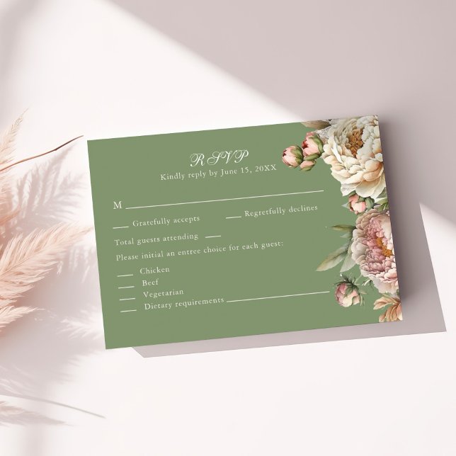 Elegant Rosa och Sälggröna Pionér Svarskort OSA Kort (Elegant Blush and Sage Green Peonies RSVP Card on a sunny table with neutral dry botanicals)