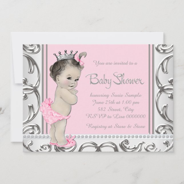 Elegant rosa och silver baby shower inbjudningar (Framsida)
