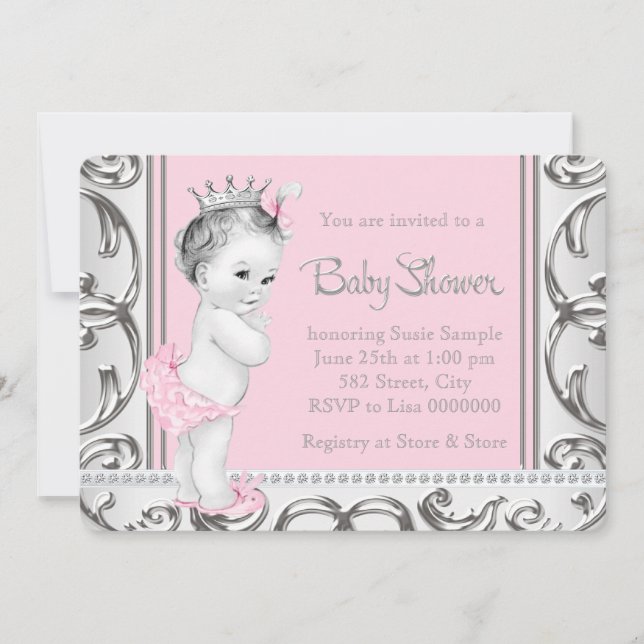 Elegant Rosa och Silver Baby Shower Inbjudningar (Framsida)