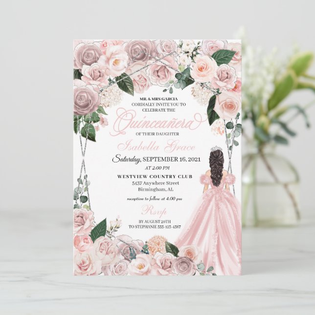 Elegant  Rosa och Silver Blommigt Quinceanera I Inbjudningar (Stående Fram)