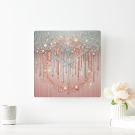 Elegant Rosa och Silver Glitter Drip Fyrkantig Klocka