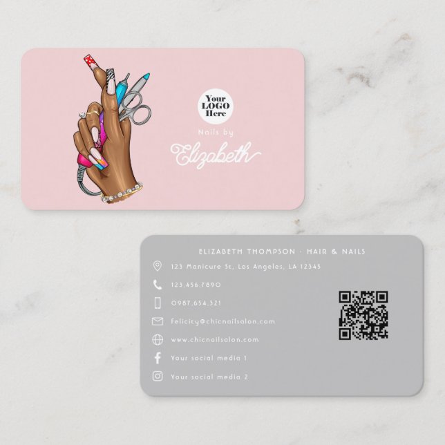 Elegant  Rosa och Silver Nail Salon Visitkort (Fram/baksida)