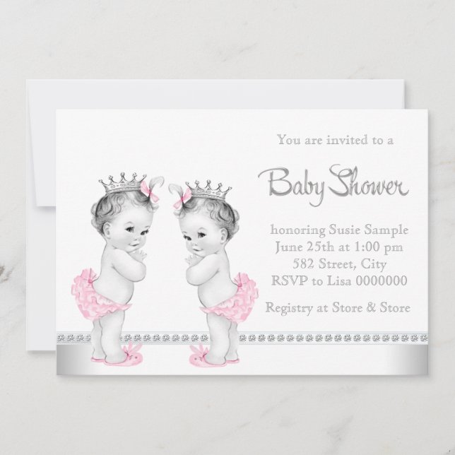 Elegant Rosa och Silver Tvilling Flick Babyshower Inbjudningar (Framsida)