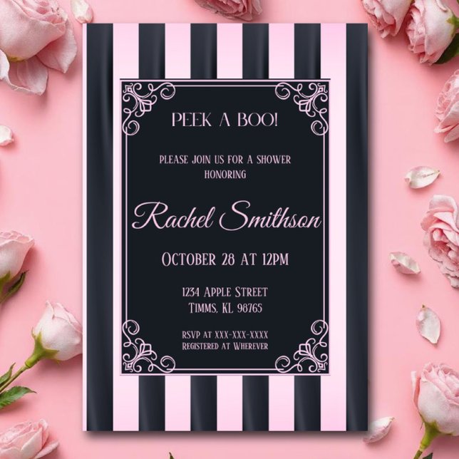 Elegant rosa och svart randig fransk underklänning inbjudningar (Skapare uppladdad)