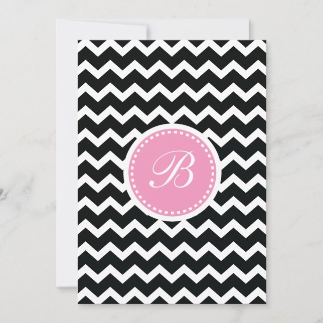 Elegant Rosa och svart Retro Chevron Monogram Inbjudningar (Framsida)