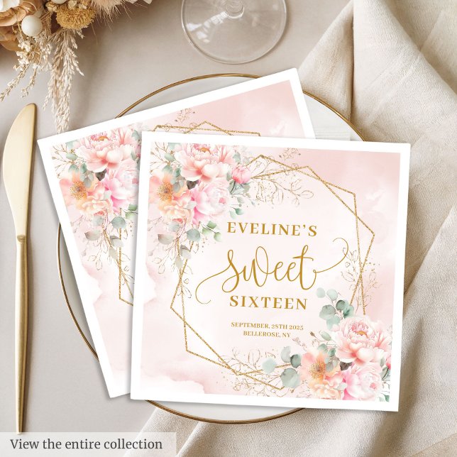 Elegant  Rosa och Sweet sixteen Guld Blommigt Pappersservett (Elegant Blush Pink and Gold Floral Sweet Sixteen Napkins)