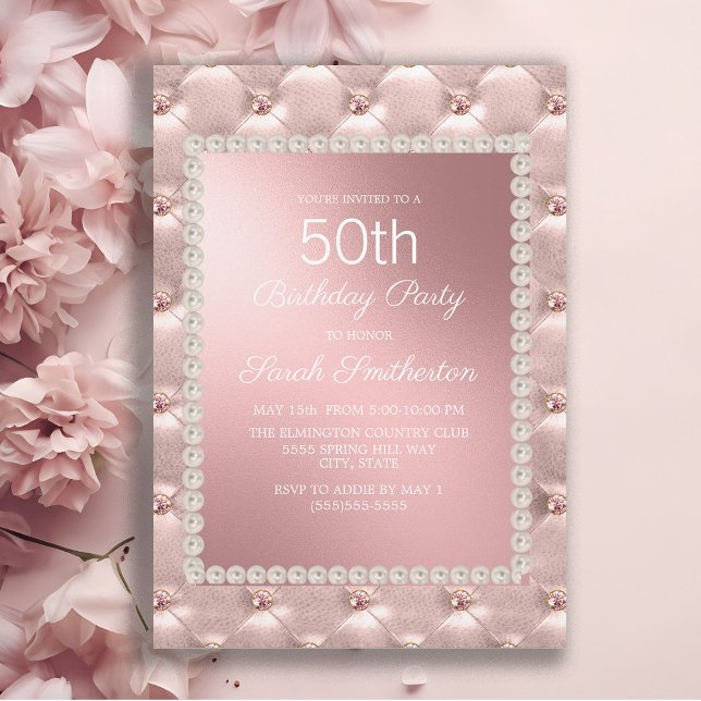 Elegant Rosa och Vit 50-årsfest Inbjudningar (Elegant pink tufted 50th birthday party invitation for women.)