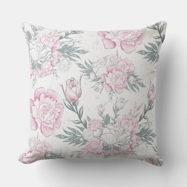 Elegant rosa och vit blomsterdesign Grön lövverk Kudde (Framsida)