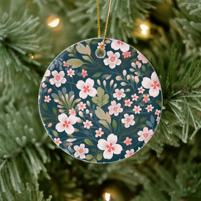 Elegant rosa och vit blomsterdesign  julgransprydnad keramik (Träd)