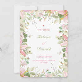 Elegant rosa och vit blomsterinspirerad fransk inb inbjudningar
