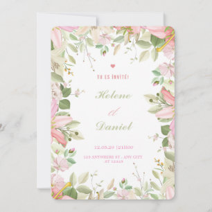 Elegant rosa och vit blomsterinspirerad fransk inb inbjudningar