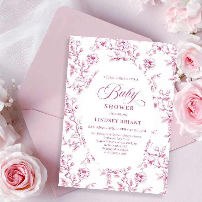 Elegant rosa och vit ros mönster baby shower   inbjudningar (Elegant Pink and White Rose Pattern Baby Shower Invite)