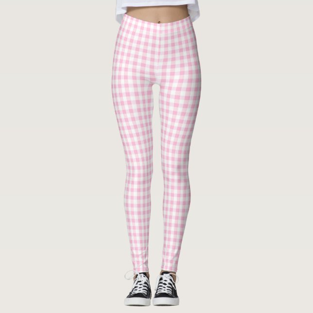 Elegant Rosa och White Gingham Mönster Leggings (Framsida)